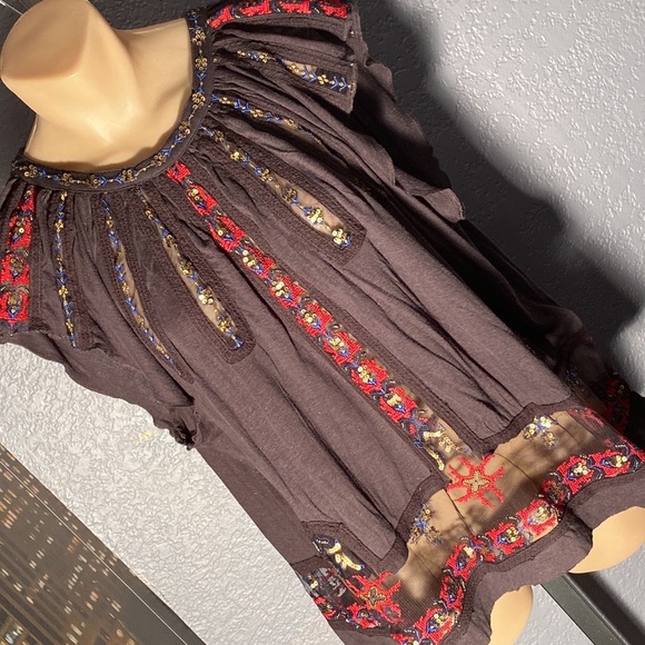 Free People Tops - FREE PEOPLE - NWT - top: black s/s, sheer accents, sequins, embroidery, ties - L